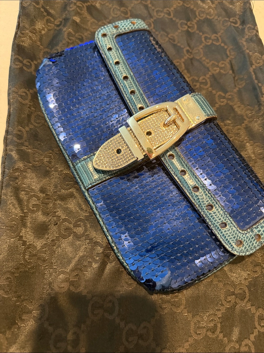 Gucci Blue Sequin Clutch with White Gold and Crystal Buckle and Lizard Trim